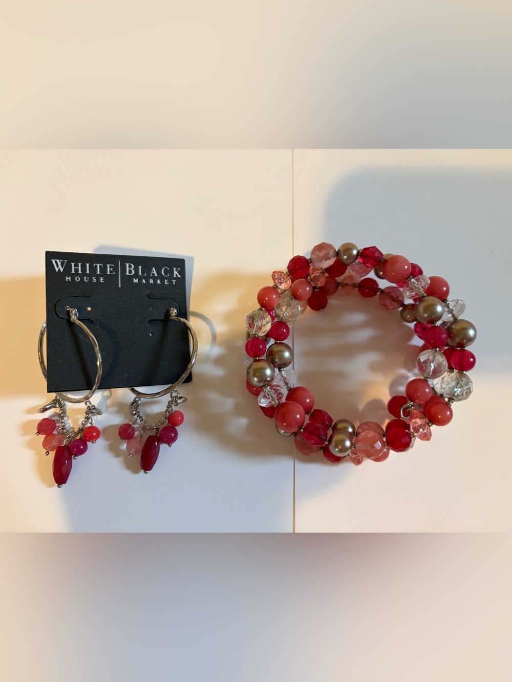 White House Black Market Red and Pink Multi-Strand Beaded Bracelet and earrings